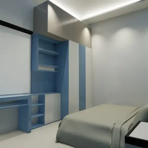 Render of a narrow bedroom where a steel-blue built-in study desk and open shelf stack run into a loft-topped wardrobe, with the bed pushed to the right wall.