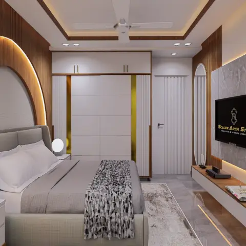Render of a narrow bedroom where an arched backlit reveal is cut into a wood-slat headboard wall, facing a grey marble TV panel on a floating console
