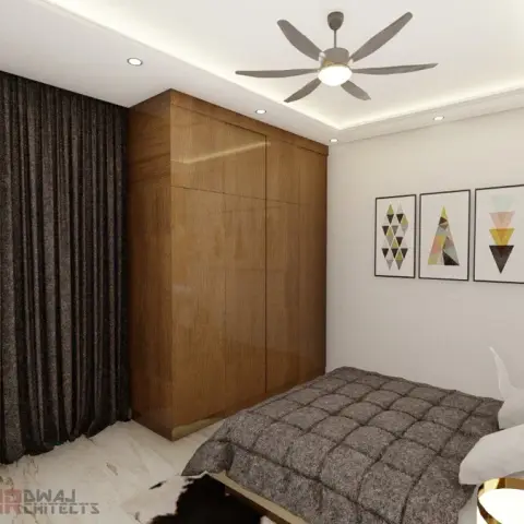 Render of a narrow bedroom where a full-height teak-veneer wardrobe runs up to the coved ceiling beside a wall of dark textured floor-length curtains