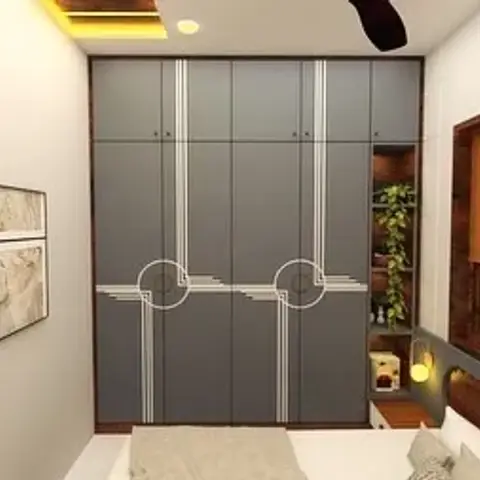 Render of a narrow bedroom with a graphite four-shutter wardrobe carved by white inlay grooves