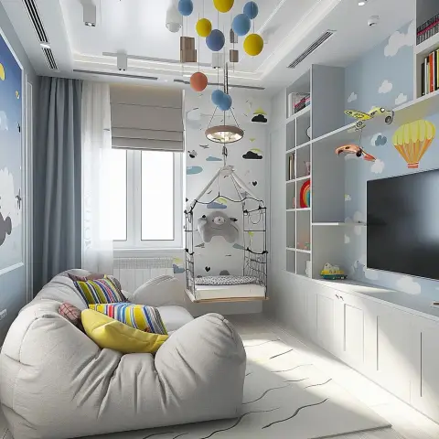 Render of a narrow child's room in sky-and-cloud wallpaper, with a canopied hanging cot suspended by the window