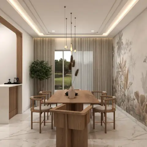 Render of a narrow dining room with a muted botanical mural down one wall, a solid-oak plank table on twin block legs with cane-seat chairs