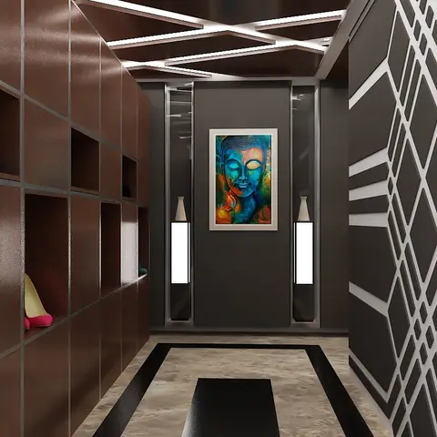 Render of a narrow entrance foyer lined on one side with a rust-veneer open shoe-cubby wall, a Buddha canvas between two lit vertical niches at the end
