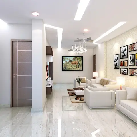 Render of a narrow Indian living room in glossy cream marble, with a nine-frame gallery wall hung on beige damask wallpaper