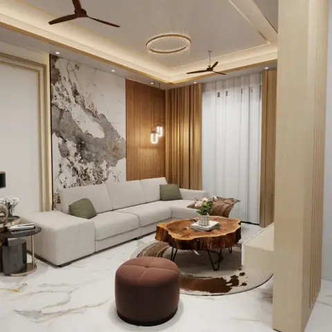 Render of a narrow living room where a grey-veined marble slab panel meets a fluted teak wall