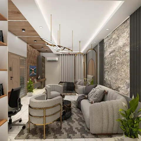 Render of a narrow living room where a rough stone-clad feature wall faces charcoal fluted panelling