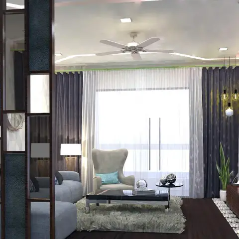 Render of a narrow living room viewed past a floor-to-ceiling slatted partition of mirror and textured fabric