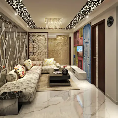 Render of a narrow living room where an L-shaped floral-print sofa faces a white floating TV unit, the wall behind layered with a carved relief panel
