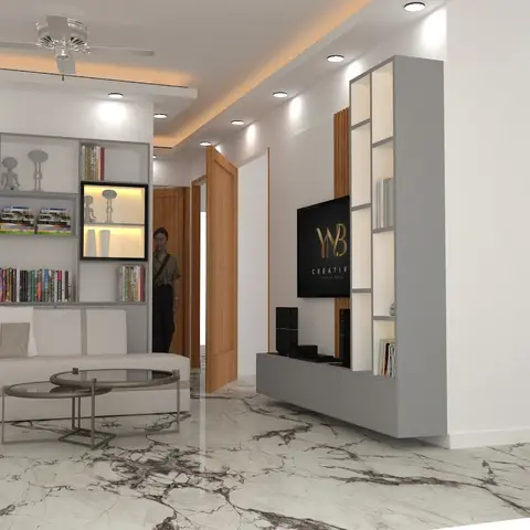 Render of a narrow living room where a grey open-box display wall with lit niches runs the full width behind a white tufted sofa