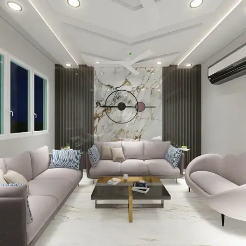 Render of a narrow living room where two facing mauve-grey sofas and a petal-shaped armchair sit under a stepped POP ceiling