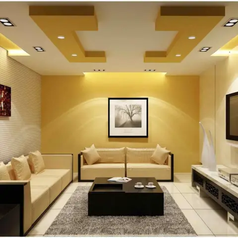 Render of a narrow living room under an interlocking yellow-and-white POP ceiling