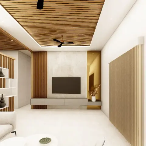 Render of a narrow living room where a full wood-slat ceiling runs to a fluted-wood TV wall with a concrete-finish centre panel
