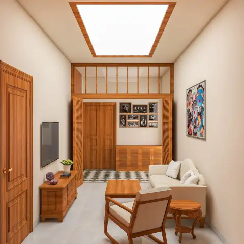 Render of a narrow living room in teak-toned joinery, with a wall TV over a panelled sideboard, a cream sofa and a wooden-arm chair around a low teak table