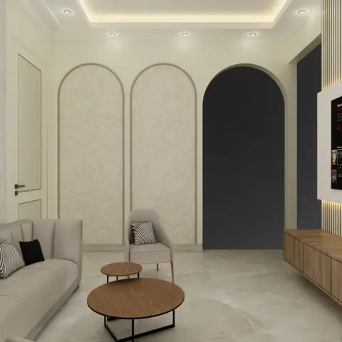 Render of a narrow living room where two arched damask-wallpaper panels and a charcoal arched doorway face a backlit fluted wall carrying the TV above a