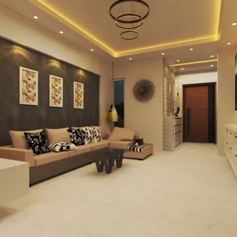 Render of a narrow living room where a beige L-sofa with black-and-white cushions sits against a dark textured wall hung with three floral panels