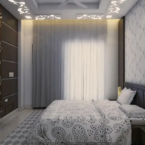 Render of a narrow master bedroom with a dark upholstered headboard against swirl-pattern grey wallpaper