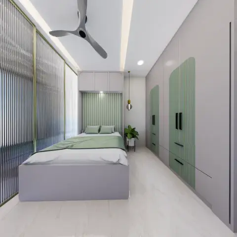 Render of a narrow master bedroom with a sage-green fluted headboard panel, a matching wardrobe with green fluted door accents, a ribbed glass partition wall
