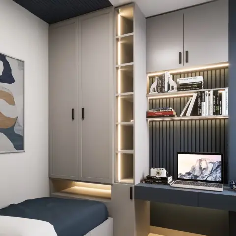 Render of a narrow single-bed room where a greige shaker wardrobe with a lit open-shelf spine turns the corner into a navy fluted study wall with backlit book