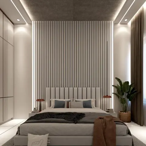Render of a narrow symmetric bedroom: ivory fluted slats rise the full height behind a channel headboard, edged by two lit reveals