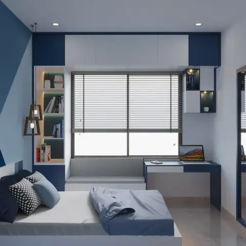 Render of a navy-and-white bedroom where geometric colour-blocked paint meets a column of backlit book niches