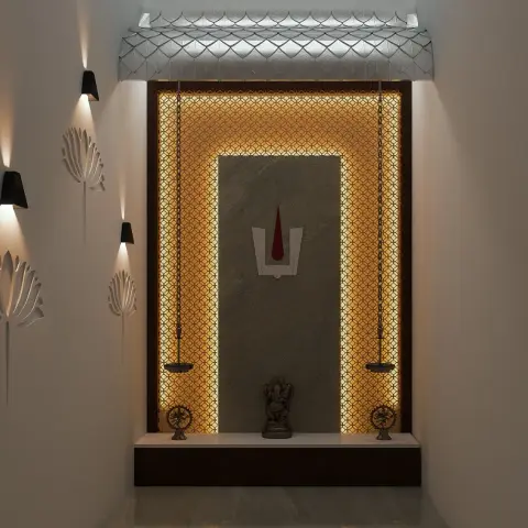 Render of a niche pooja unit with a backlit gold jaali surround framing a grey stone-look panel
