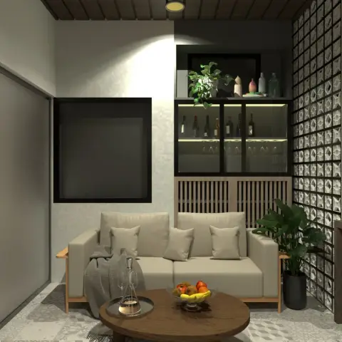 Render of a night-lit balcony lounge: a cream two-seater under a backlit glass-front drinks cabinet