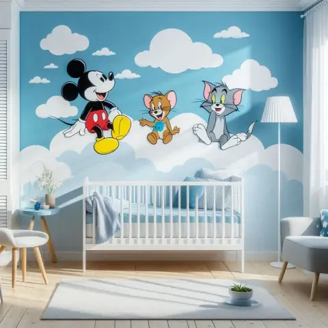 Render of a nursery where a sky-and-clouds mural carries Mickey, Tom and Jerry across the head wall above a white slatted cot