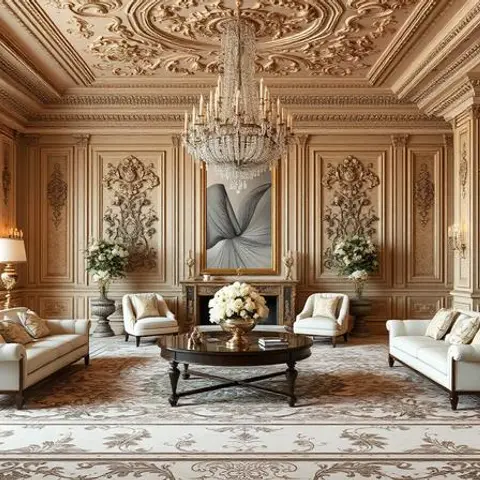 Render of a palatial classical drawing room with carved cream-and-gold wall panelling, an ornate coffered ceiling