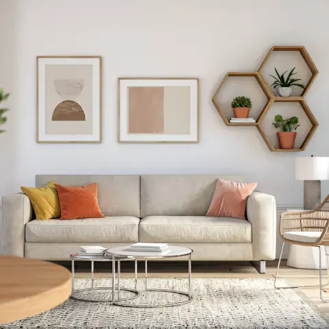 Render of a pale living room with three timber hexagon wall shelves holding potted succulents beside two abstract prints