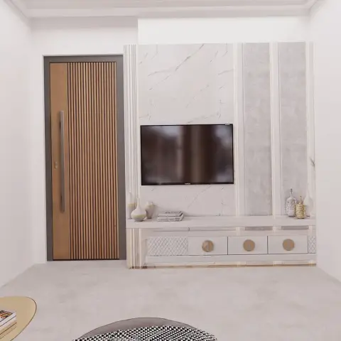 Render of a pale living room TV wall banded in white marble, grey upholstered flutes and fluted white pilasters