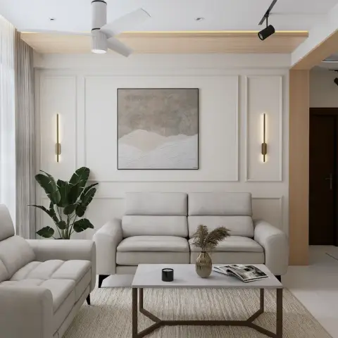 Render of a pale living room with two stone-grey sofas facing a marble coffee table on a jute rug