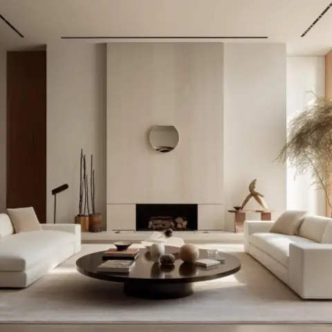 Render of a pale minimalist living room - a travertine slab chimney breast with a recessed log fire and one small round blob mirror