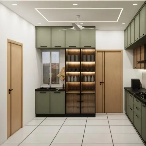 Render of a parallel kitchen in sage-green shaker shutters with black granite tops