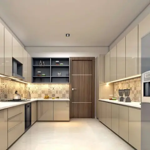 Render of a parallel modular kitchen in beige gloss with a patchwork-tile dado, a grey open display niche beside the walnut flush door