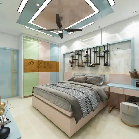 Render of a pastel bedroom - mint, blush and powder-blue gloss wardrobe shutters with a routed wood band