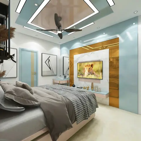 Render of a pastel-blue bedroom with a mirror-finish diamond ceiling panel around the fan, a marble TV backdrop flanked by bronze mirror strips