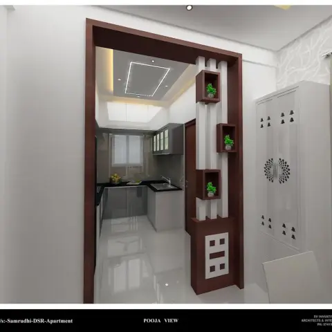 Render of a pooja alcove with a bell-motif carved white pooja cabinet beside a wood-and-white slatted partition holding plant display niches