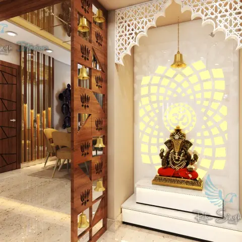 Render of a pooja niche where a backlit white CNC jaali with an Om motif and scalloped arch sits behind a brass Ganesh idol on a stepped white platform