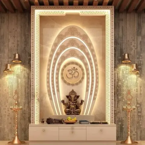 Render of a pooja niche with a backlit carved marble arch centered on an Om motif behind a brass Ganesha idol