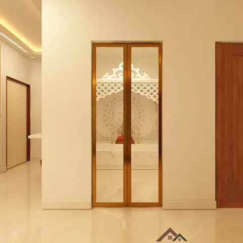 Render of a pooja room viewed through bronze-framed glass double doors, with a white carved jaali arch backdrop and marble idol platform.