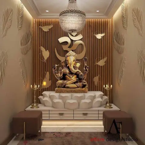 Render of a pooja room with a brass-finish Ganesha on a carved lotus-petal marble platform