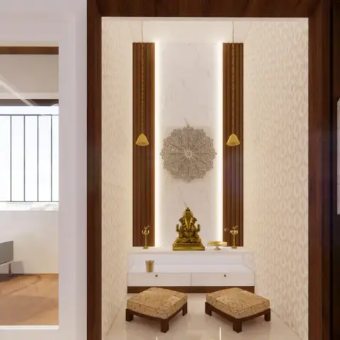 Render of a pooja room with a backlit marble niche housing a brass Ganesha idol, a mandala wall medallion