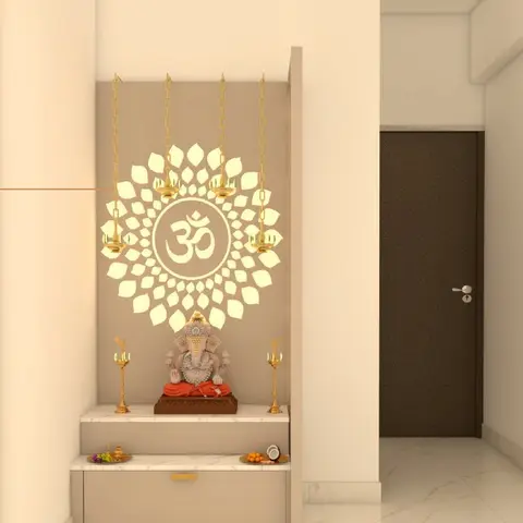 Render of a pooja unit with a backlit Om mandala wall panel and a marble-top console housing a Ganesh idol