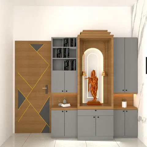 Render of a pooja unit with a backlit arched deity niche and hanging bells, flanked by grey cabinets with open bookshelves