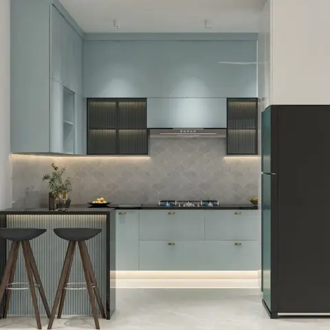 Render of a powder-blue modular kitchen with fluted black-glass upper cabinets, a fish-scale tile backsplash and a fluted breakfast bar with two stools.
