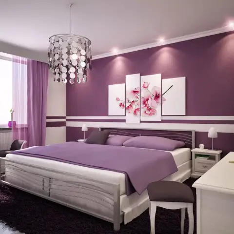 Render of a purple bedroom: aubergine accent wall with a white horizontal band, a four-panel pink orchid canvas over a chrome-framed bed