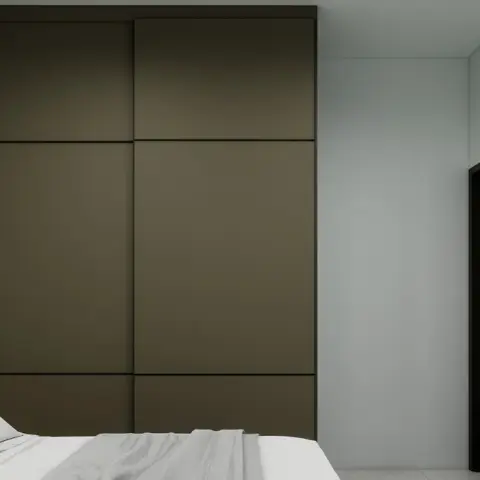 Render of a quiet bedroom corner: a floor-to-ceiling sliding wardrobe in matt olive-bronze with recessed groove joints
