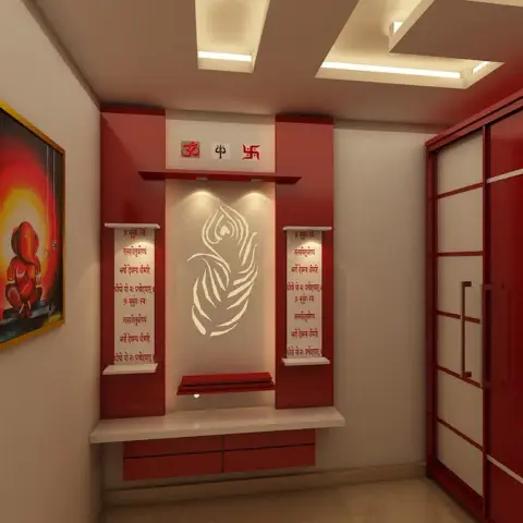 Render of a red-and-white lacquered pooja unit with a backlit peacock motif and Om/trishul/swastik insignia, beside a red high-gloss sliding-door wardrobe.