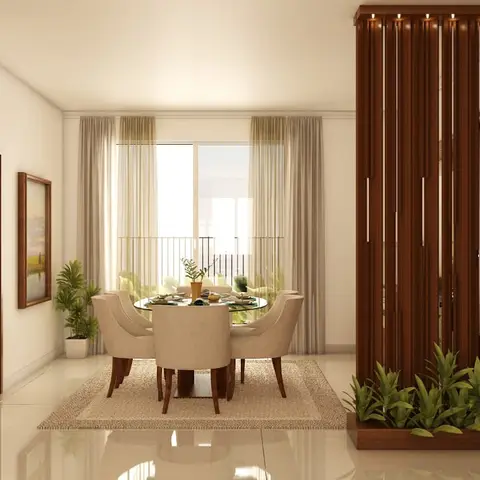 Render of a round dining table set for six behind a vertical wood-slat planter screen, with sheer curtains framing a balcony view.
