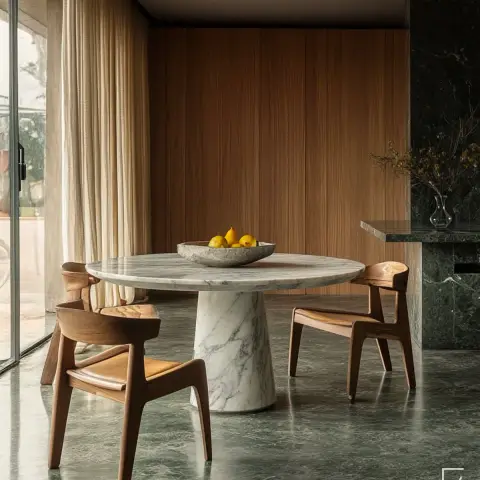 Render of a round white-marble pedestal dining table with solid teak armchairs on polished green marble flooring